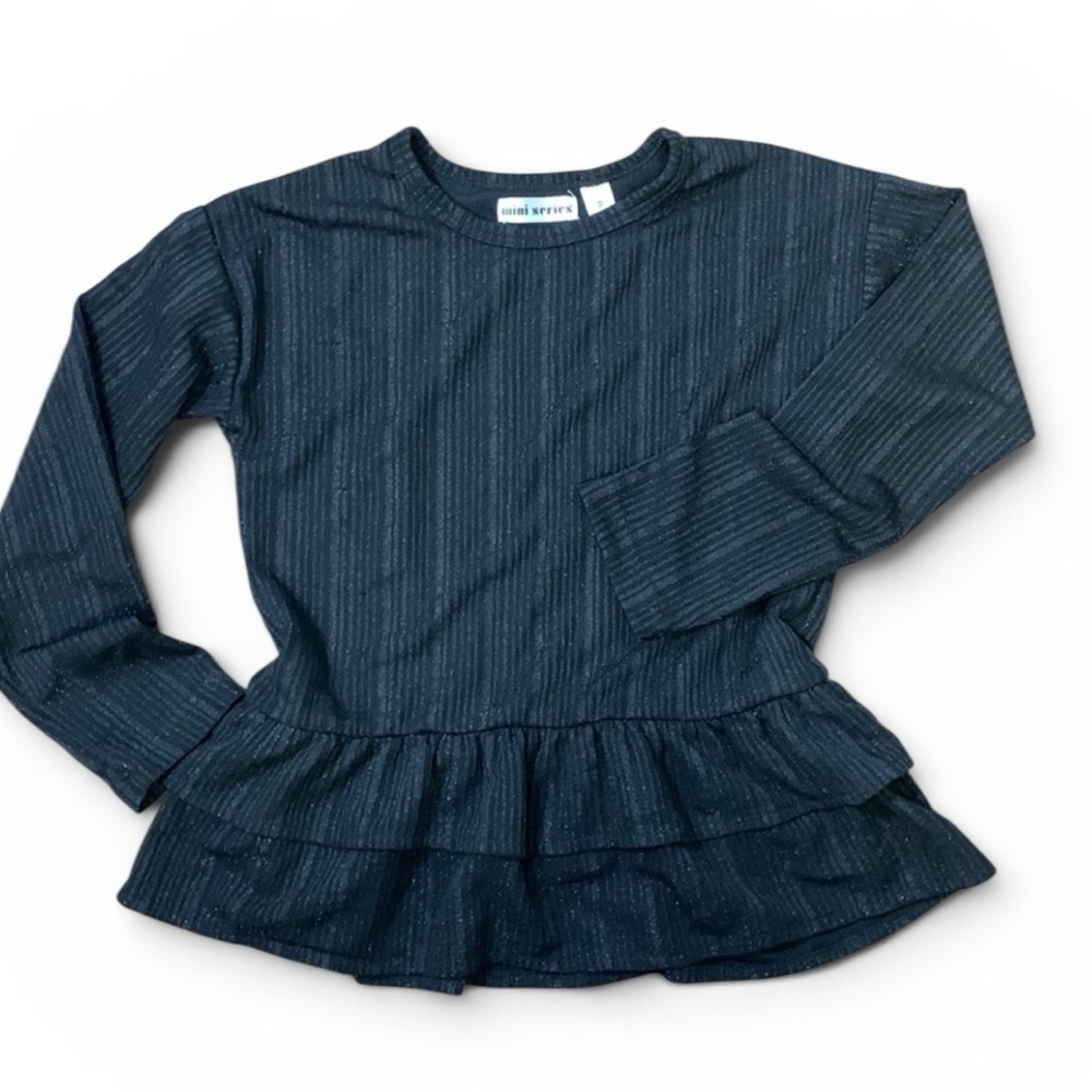 Mini Series Girls Size 6X Black Shimmer Ribbed Ruffle Hem Long Sleeve Top